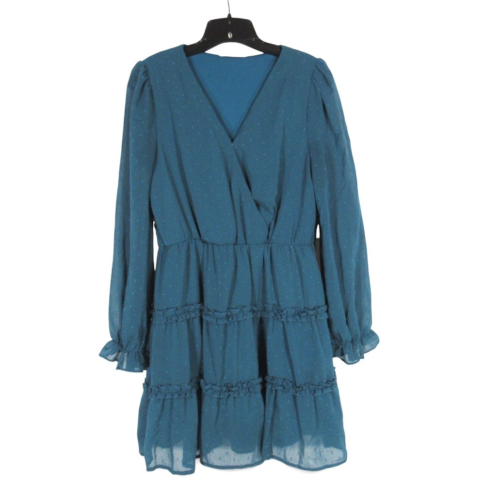 PEACH LOVE Lined CHIFFON Teal SWISS DOTS Surplice RUFFLE TIERED Blouson Dress L